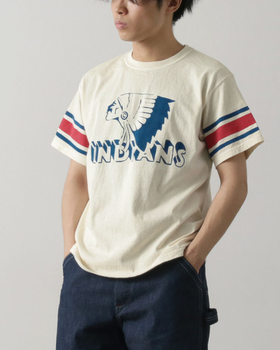 A man wearing Haku Clothing vintage sleeve indian s/s t-shirt