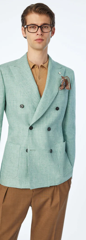 A man wearing L.B.M. 1911 tom double-breasted slim green jacket