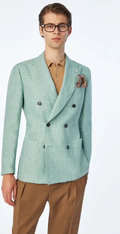 A man wearing L.B.M. 1911 tom double-breasted slim green jacket