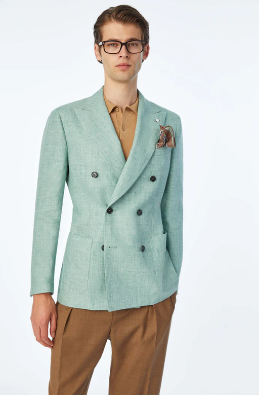 A man wearing L.B.M. 1911 tom double-breasted slim green jacket