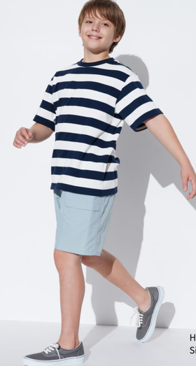 A boy wearing Uniqlo Kids airism cotton striped crew neck t-shirt