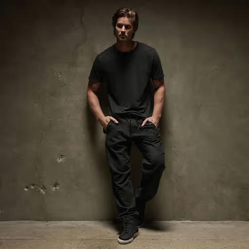 A man wearing james perse carbon pigment clear jersey crew