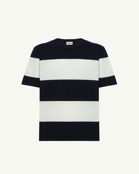 A man wearing AUTRY white and blue striped crepe knit t-shirt