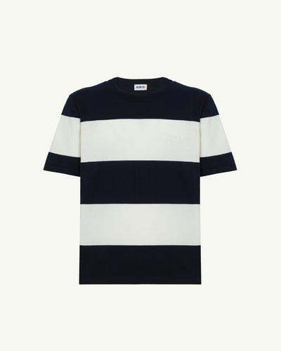 A man wearing AUTRY white and blue striped crepe knit t-shirt