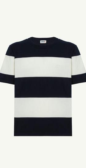 A man wearing AUTRY white and blue striped crepe knit t-shirt