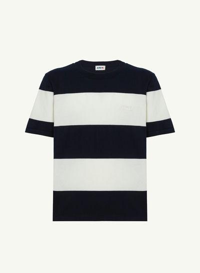A man wearing AUTRY white and blue striped crepe knit t-shirt