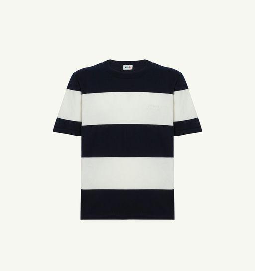 A man wearing AUTRY white and blue striped crepe knit t-shirt