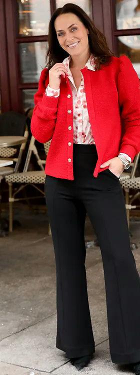 A woman wearing Undorn kate jacket, red