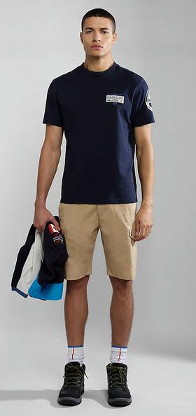 A man wearing Napapijri dark blue amundsen short sleeve t-shirt