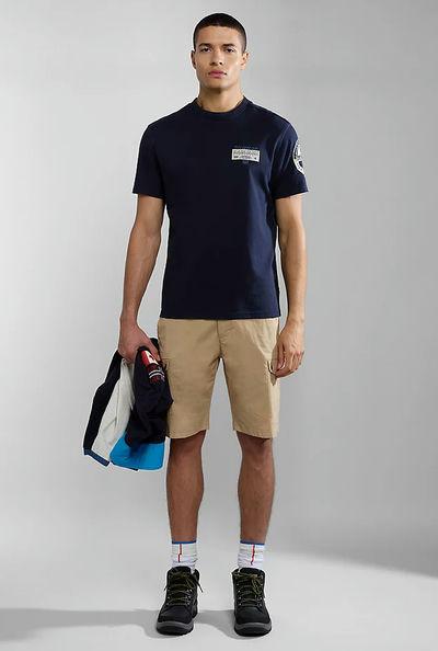 A man wearing Napapijri dark blue amundsen short sleeve t-shirt