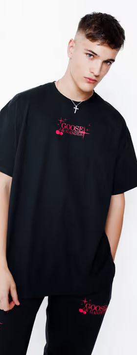 A man wearing goose and gander unisex black cherry tee