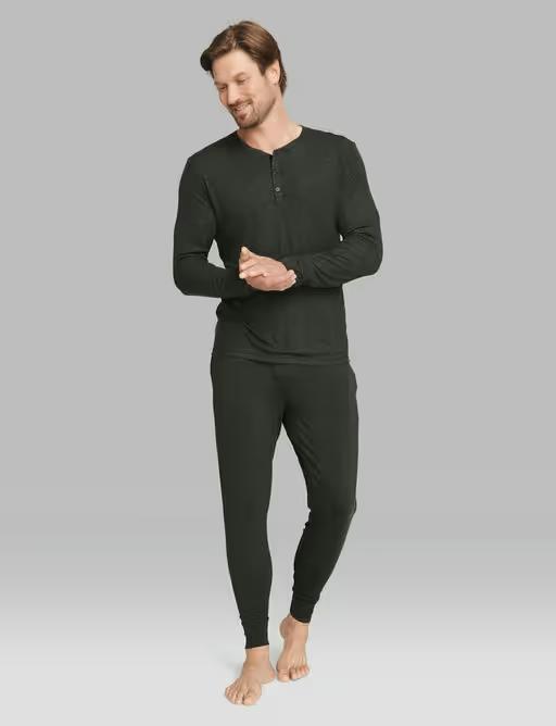 A man wearing Tommy John charcoal heather downtime henley pajama tee