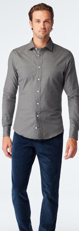 A man wearing Indochino dilham melange charcoal casual shirt