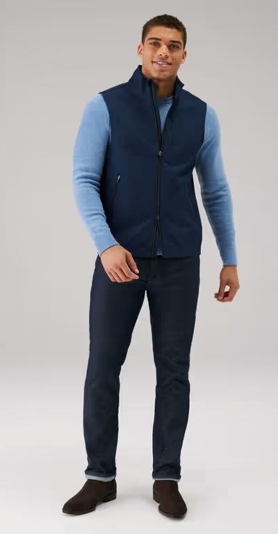 A man wearing Mack Weldon true navy heather latitude vest