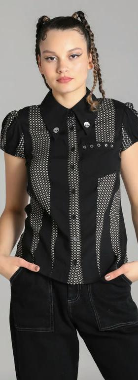 A woman wearing Hell Bunny printed black viscose blouse