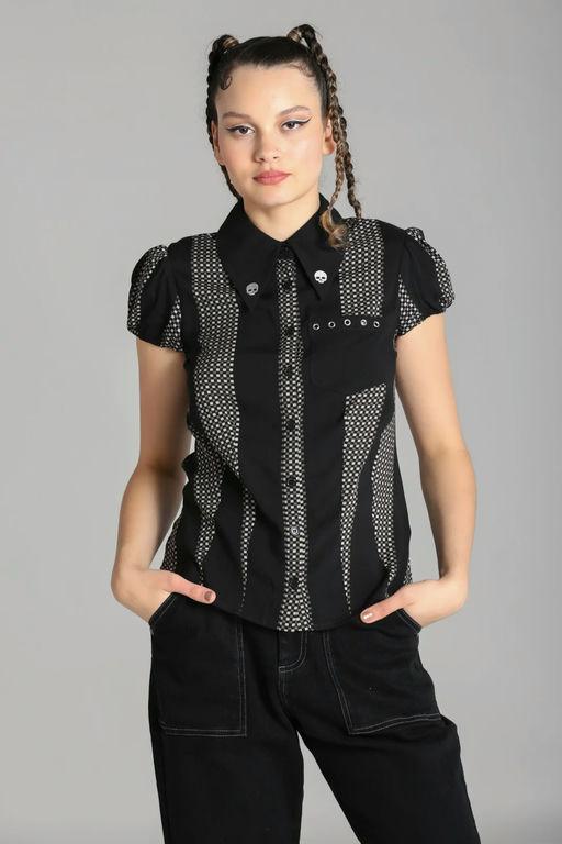 A woman wearing Hell Bunny printed black viscose blouse