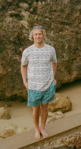 A man wearing Howler Bros lombok : bone white terry t-shirt