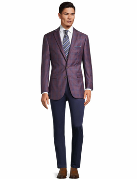 A man wearing Oliver Wicks plum plaid with blue overcheck blazer