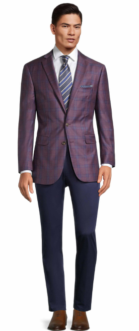 A man wearing Oliver Wicks plum plaid with blue overcheck blazer
