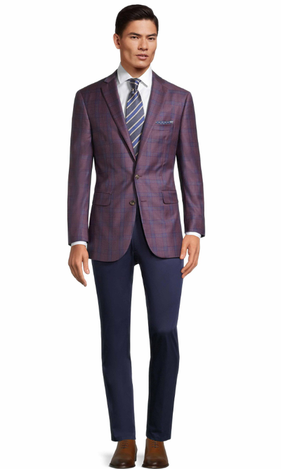 A man wearing Oliver Wicks plum plaid with blue overcheck blazer