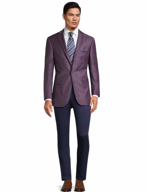 A man wearing Oliver Wicks plum plaid with blue overcheck blazer