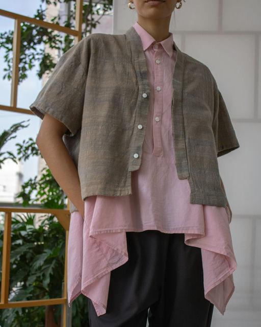 A woman wearing 1/8 Takamura ashram blouse
