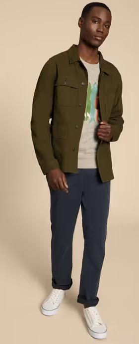 A man wearing White Stuff khaki green kynman workwear jacket
