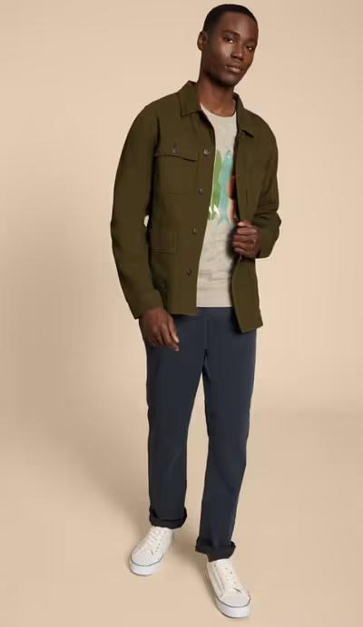 A man wearing White Stuff khaki green kynman workwear jacket