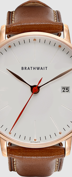 An image of automatic watch with white dial and brown strap from Brathwait