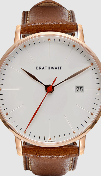 An image of automatic watch with white dial and brown strap from Brathwait