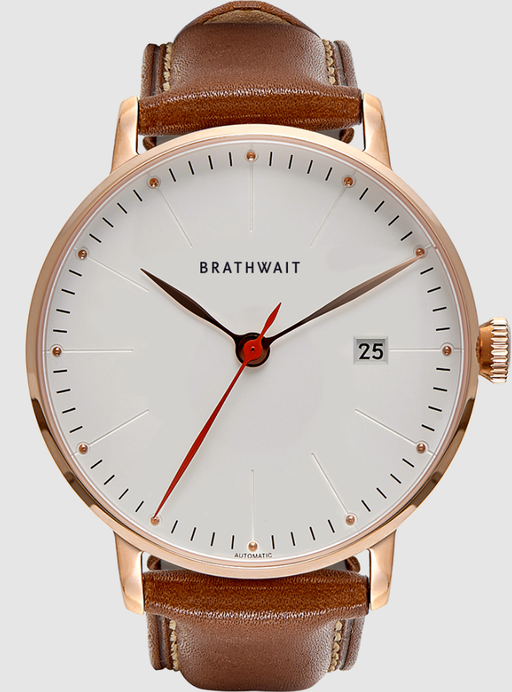 An image of automatic watch with white dial and brown strap from Brathwait