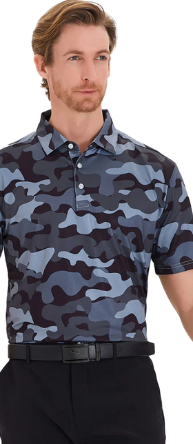 A man wearing Craftsman Golf camouflage shorts sleeve polo shirt