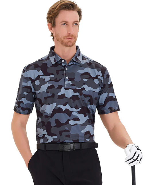 A man wearing Craftsman Golf camouflage shorts sleeve polo shirt