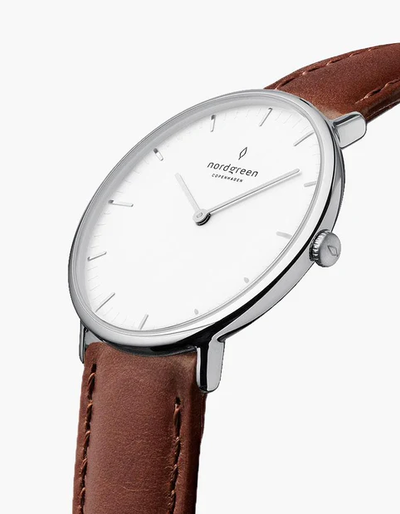 An image of Native Watch with white dial and brown strap