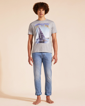 A man wearing Vilebrequin cotton t-shirt blue sailing boat