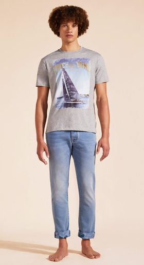 A man wearing Vilebrequin cotton t-shirt blue sailing boat