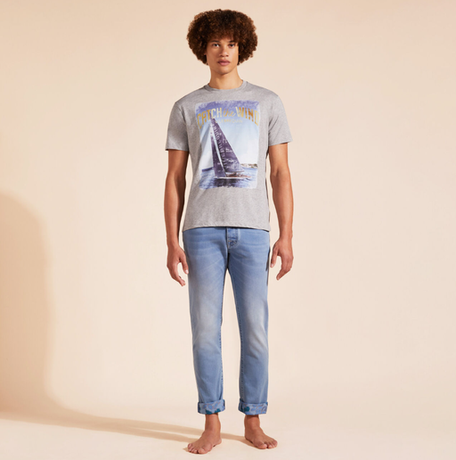 A man wearing Vilebrequin cotton t-shirt blue sailing boat
