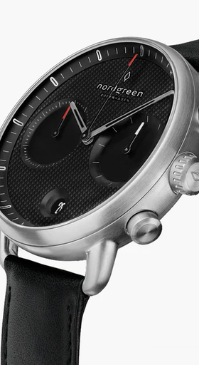 An image of Nordgreen pioneer watch with textured black dial - black leather