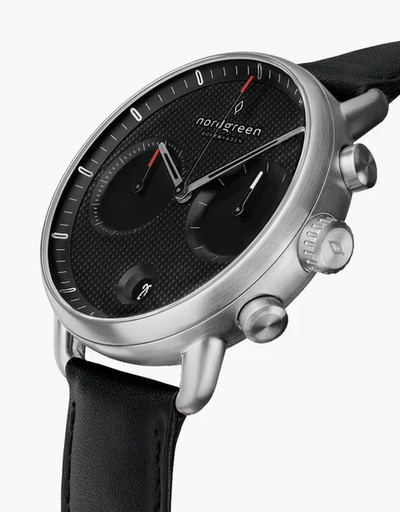 An image of Nordgreen pioneer watch with textured black dial - black leather