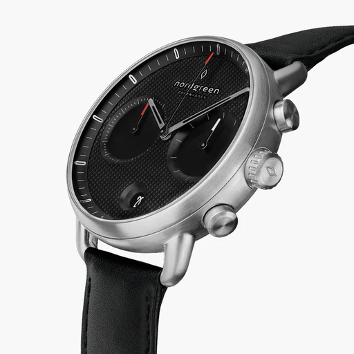 An image of Nordgreen pioneer watch with textured black dial - black leather