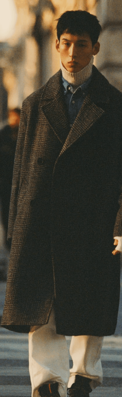 A man walking on the street wearing a Zara outfit featuring a brown jacket and beige turtleneck
