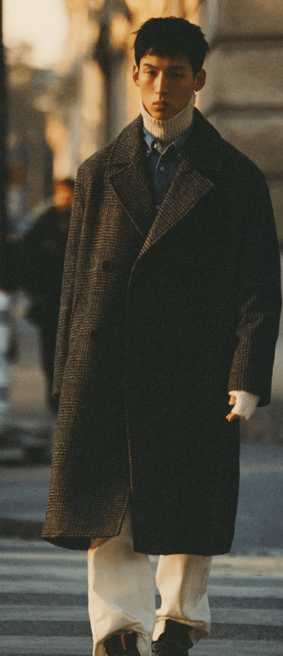 A man walking on the street wearing a Zara outfit featuring a brown jacket and beige turtleneck