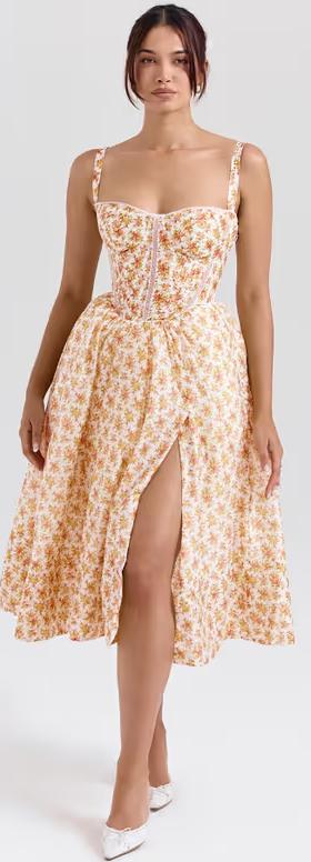 A woman wearing House of CB royal rose print corset midi sundress