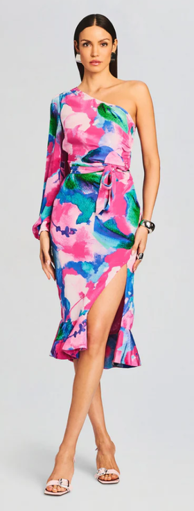 A woman wearing retrofete multicolor vesa one shoulder midi dress
