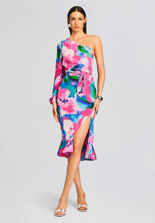 A woman wearing retrofete multicolor vesa one shoulder midi dress
