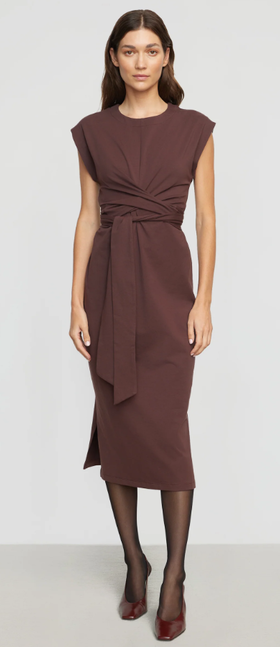 A woman wearing Modern Citizen mulberry color fei tie-front organic cotton dress