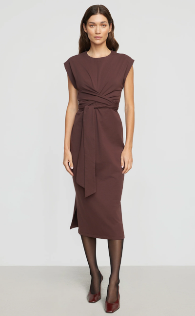 A woman wearing Modern Citizen mulberry color fei tie-front organic cotton dress