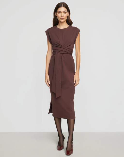 A woman wearing Modern Citizen mulberry color fei tie-front organic cotton dress
