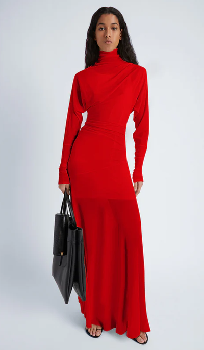 A woman wearing Proenza Schouler paula dress in sheer crepe jersey- red