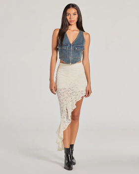 A woman wearing Windsor boho allure ruffled lace midi skirt